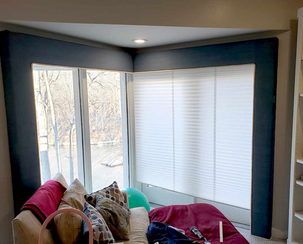 Fabric Covered Lambrequin Cornice Board Removal 2 Lambrequin Cornice in blue with rib trim