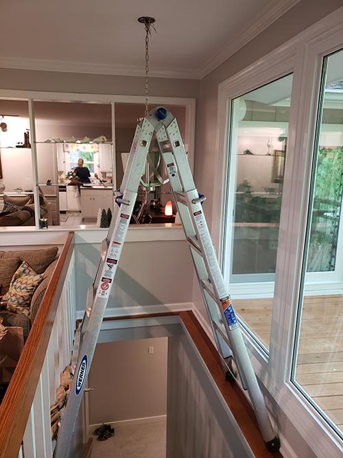 Vintage Mid Century Modern Atomic Sputnik Chandelier 4 Ladder across staircase