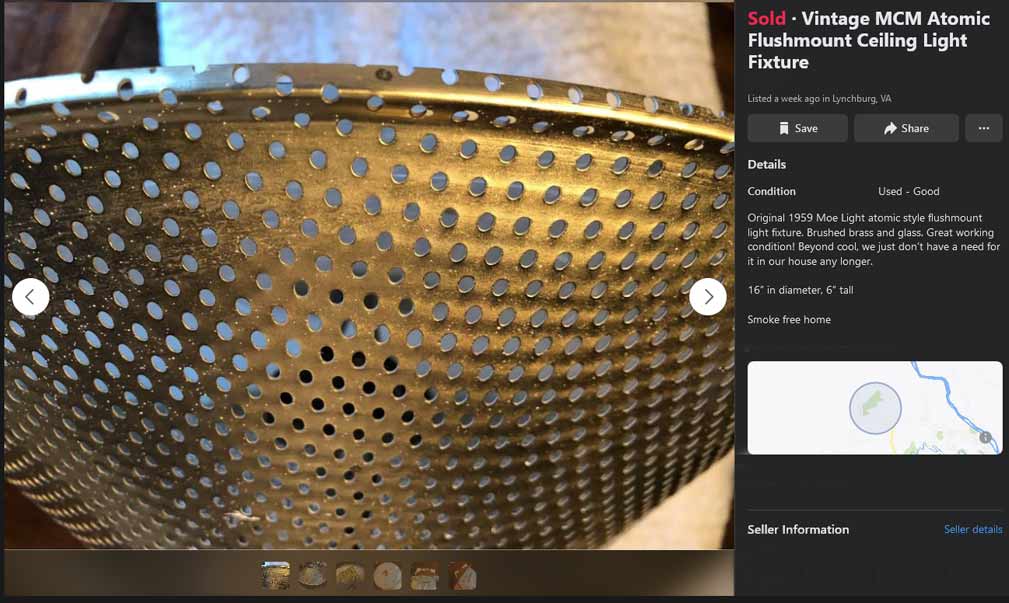 Mid-Century Gold Ceiling Light by Moe lighting 2 Original 1959 Moe Light atomic style flush mount light fixture. Brushed brass and glass. Great working condition! Beyond cool, we just don’t have a need for it in our house any longer. 16” in diameter, 6” tall Smoke free home.