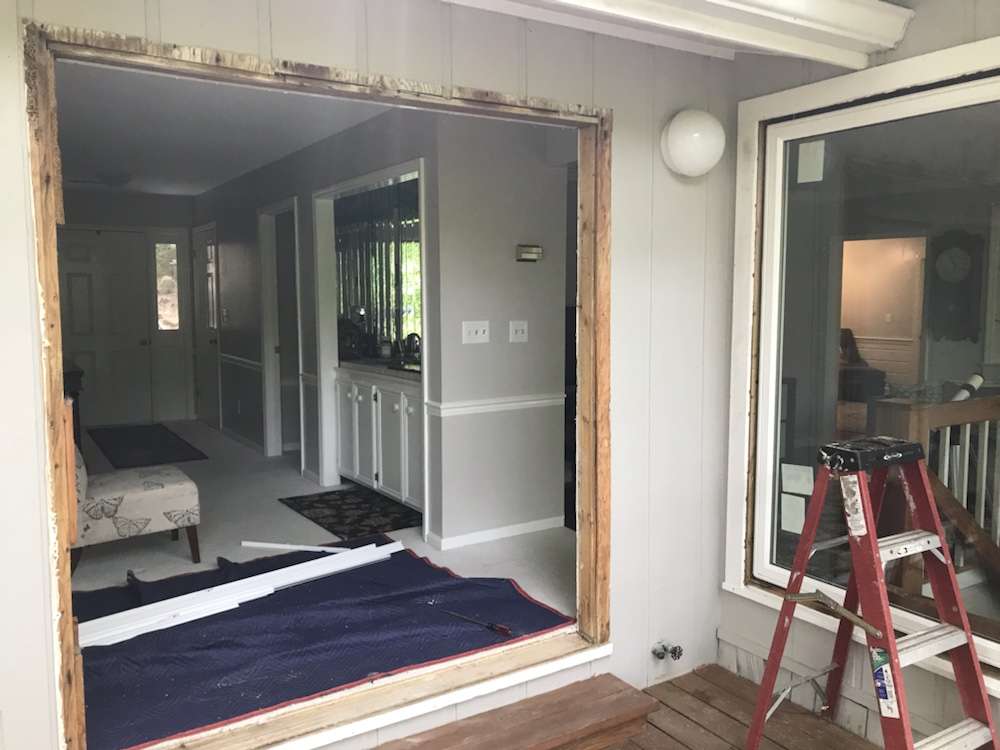 Sliding glass door removed ready for new door installation.