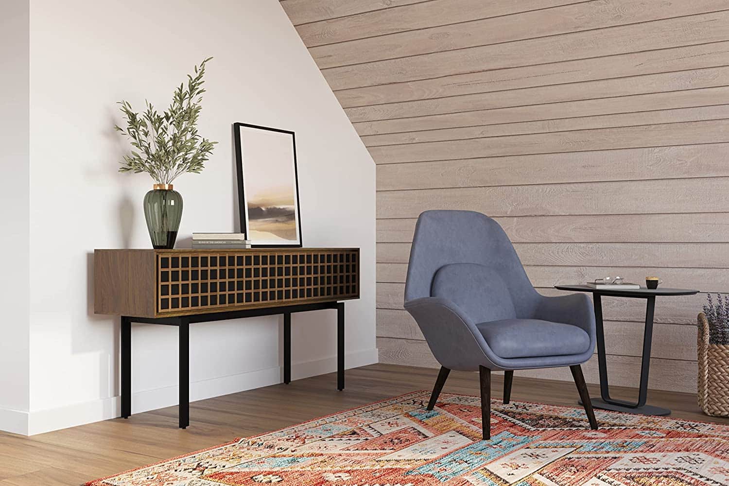 mid century tv stand in brown with chair in gray